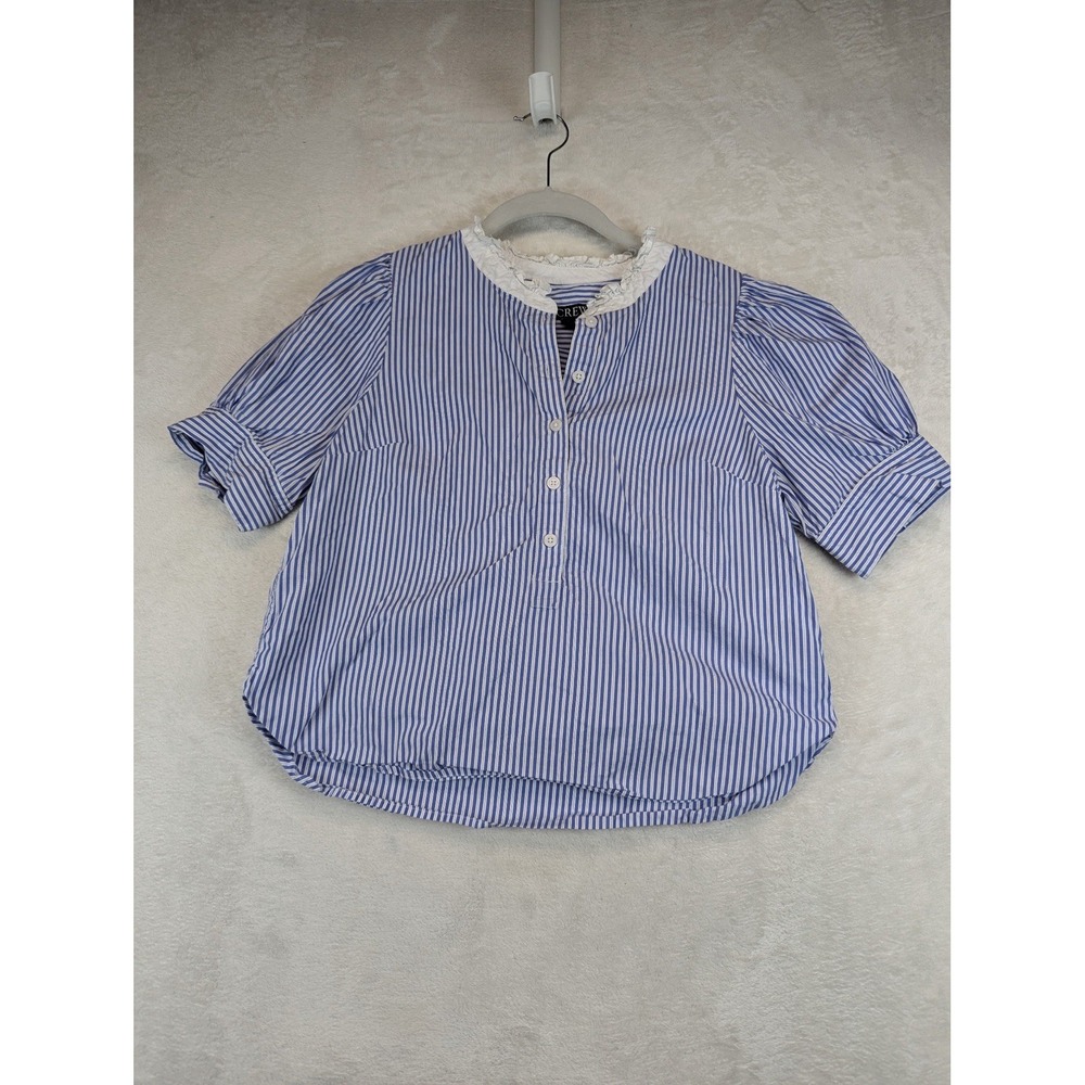J Crew Blouse Womens Small Blue White Stripe Ruffle Collar Puff Sleeve Preppy